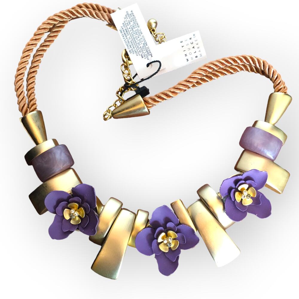 NWT White House Black Market Flower Rope statement necklace, gold purple